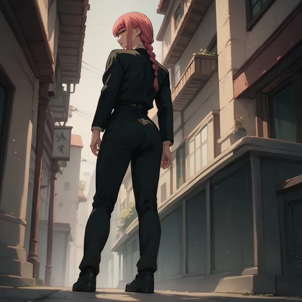 looking at viewer,parted lips,looking back,
solo,
Makima,1girl,pink hair,braid,yellow eyes,
medium breasts,
black suit,necktie,
black pants,sexy full body