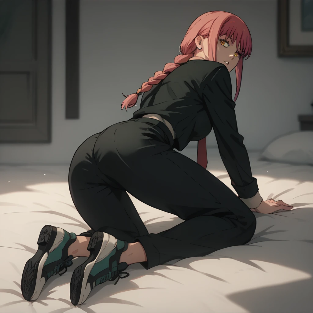 looking at viewer,parted lips,looking back,
solo,
Makima,1girl,pink hair,braid,yellow eyes,
medium breasts,
black suit,necktie,
black pants,sexy full body