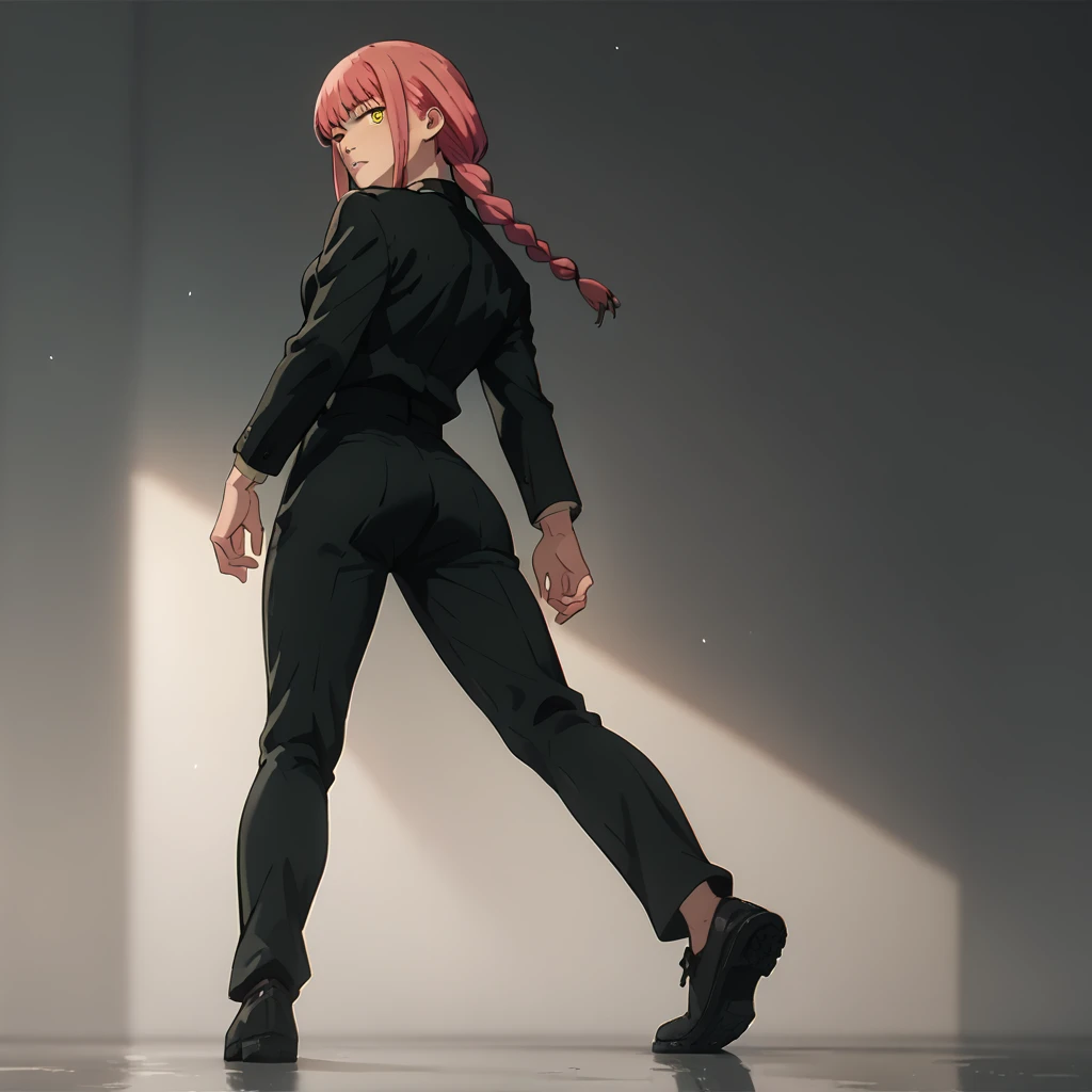 looking at viewer,parted lips,looking back,
solo,
Makima,1girl,pink hair,braid,yellow eyes,
medium breasts,
black suit,necktie,
black pants,sexy full body