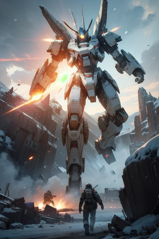 Unreal Engine,Cinematic shots,Highest quality, masterpiece, Realistic,,science_fiction,sf,Shine_eye, (Explosion sparks:0.5), (Lens flare:0.5),(Lightsabers:0.8),Volumetric Fog,Mecha_robot,debris,Many soldiers fight,Unidentified Flying Object, relic,Snow Mountain