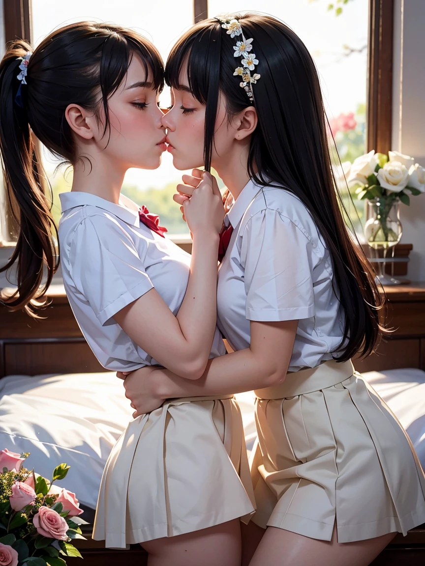 (masterpiece, best quality), perfect anatomy, two school girls are deeply in love with each other, kiss, romantic atmosphere, flower, moon