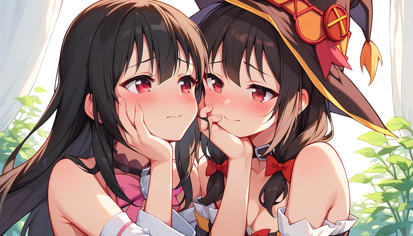 ((2girls:1.3)), ((moe style:1.3)), ((kabedon:1.3)), ((hand on face:1.3)), teasing, cowboy shot, yuri, ((black hair:1.3)), megumin (konosuba), yunyun (konosuba), ((shy:1.3)), blush, ((perfect face)), ((extremely cute:1.3)), ((masterpiece:1.3)), ((8k)), ((best quality:1.3)), ((beautiful)), ((extremely detailed:1.3)) , ((absurdres)), AddXL, ((score_9:1.3)), ((score_8_up:1.3)), ((score_7_up:1.3)), Expressiveh