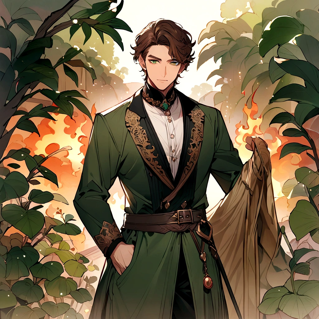 adult male gardener - brown hair - dark green eyes - in a garden