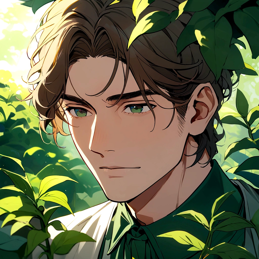 adult male gardener - brown hair - dark green eyes - in a garden