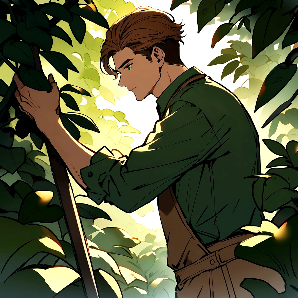adult male gardener - brown hair - dark green eyes - in a garden