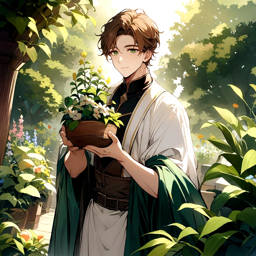adult male gardener - brown hair - dark green eyes - in a garden