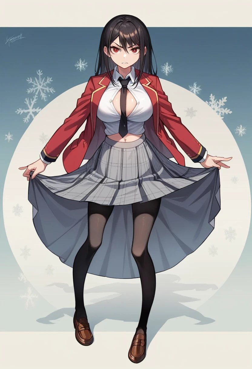 Ruka Sarashina , 1 female，long legs, thin waist， photo exposure，solo,((school uniform, Red blazer with black trim on cuffs and collar lining, White button-up dress shirt and black tie, Black and gray plaid miniskirt, black tights, and brown loafers, big cleavage, showing belly button ))，Seen from the front， （Highly detailed CG integrated 8k wallpaper），highest quality，beautiful eyes，（Beautiful and detailed eye depiction）,  skin as white as snow,towards the camera，High resolution，super detailed，big breasts， 1 female，18-year-old，Seen from the front，（Highly detailed CG integrated 8k wallpaper），highest quality ，Detailed background，beautiful and delicate eyes，（very delicate and beautiful），（Beautiful and detailed eye depiction），super detailed,towards the camera，High resolution, belly button detailed, angry face, sexy pose, finger in belly button 