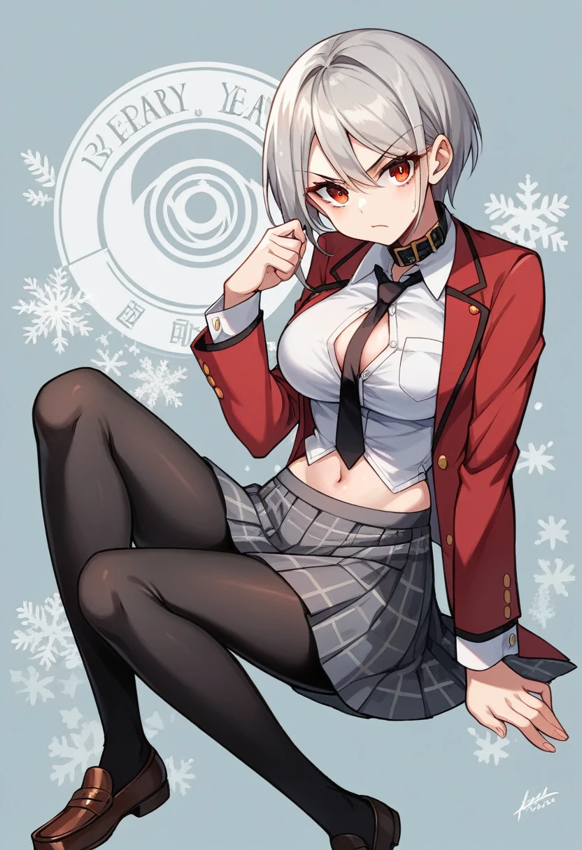Ruka Sarashina , 1 female，long legs, thin waist， photo exposure，solo,((school uniform, Red blazer with black trim on cuffs and collar lining, White button-up dress shirt and black tie, Black and gray plaid miniskirt, black tights, and brown loafers, big cleavage, showing belly button ))，Seen from the front， （Highly detailed CG integrated 8k wallpaper），highest quality，beautiful eyes，（Beautiful and detailed eye depiction）,  skin as white as snow,towards the camera，High resolution，super detailed，big breasts， 1 female，18-year-old，Seen from the front，（Highly detailed CG integrated 8k wallpaper），highest quality ，Detailed background，beautiful and delicate eyes，（very delicate and beautiful），（Beautiful and detailed eye depiction），super detailed,towards the camera，High resolution, belly button detailed, angry face, sexy pose, finger in belly button 