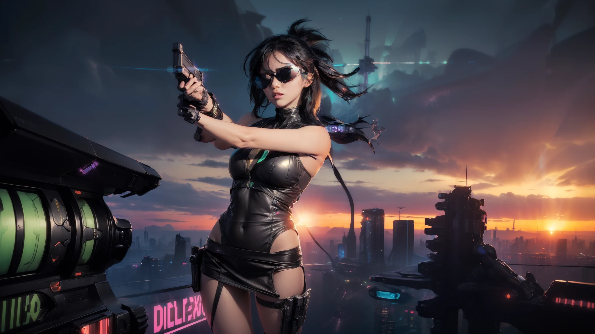 (((aerial view))) of futuristic cyberpunk city at night, hologram neon buildings, vivid colors, (((futuristic flying cars))) and futuristic cars, 3d rendering Beeple. large-breast:1.2 photorealistic sexy woman, cleavage, tube top, miniskirt, (((((black sunglasses, pistol shooting pose))))), standing, leaning forward, (((((half-body thigh level medium shot))))).