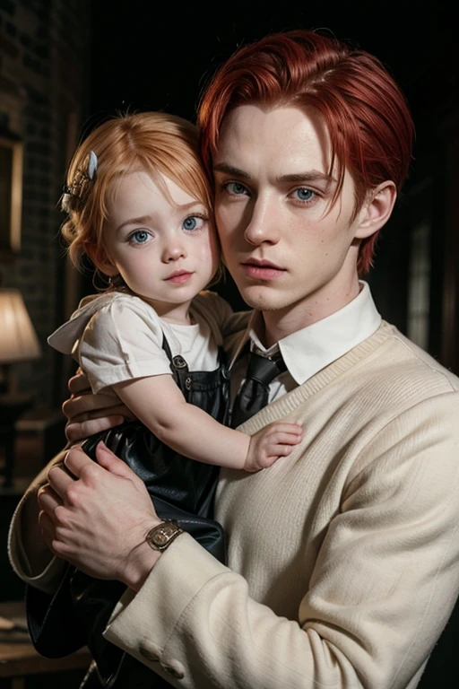 Draco Malfoy with a red-haired girl holding a  in her arms