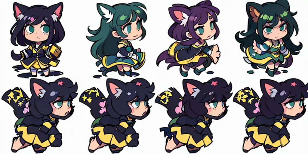 a close up of a cartoon character with different poses, spritesheet, sprite sheet, with familiar sprites, sprites, fairy girl, morgana, default pose neutral expression, twirling, sprite 2 d, shady, green fairy, smol, multiple poses, cute chibi, kawaii