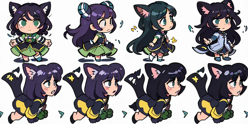 a close up of a cartoon character with different poses, spritesheet, sprite sheet, with familiar sprites, sprites, fairy girl, morgana, default pose neutral expression, twirling, sprite 2 d, shady, green fairy, smol,  multiple poses, cute chibi, kawaii