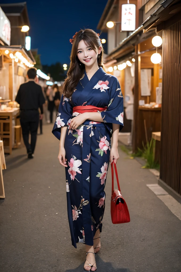 Summer festival stalls night , Highest quality, shape, Very detailed, In detail, High resolution, 8k wallpaper, Perfect dynamic composition, Beautiful details, Natural Lip, Cute yukata, Big Breasts, She is smiling cutely while walking.., A masterpiece of the whole body, Full Body Shot