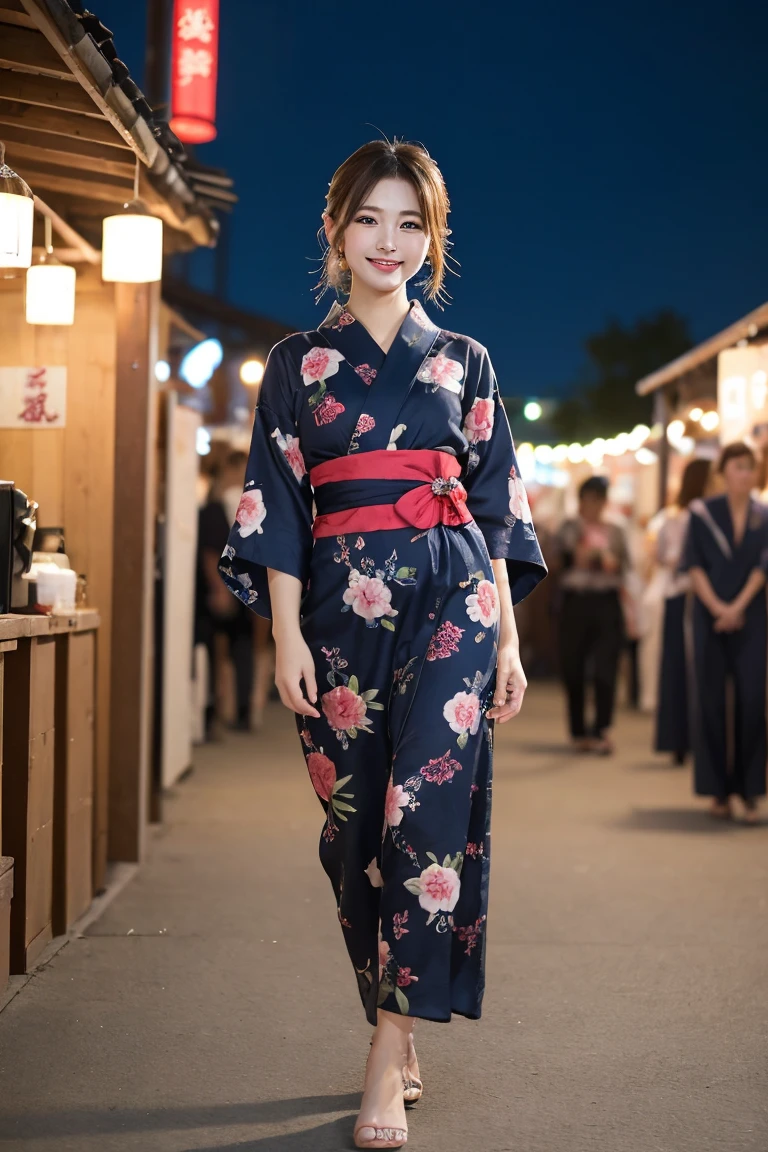 Summer festival stalls night , Highest quality, shape, Very detailed, In detail, High resolution, 8k wallpaper, Perfect dynamic composition, Beautiful details, Natural Lip, Cute yukata, Big Breasts, She is smiling cutely while walking.., A masterpiece of the whole body, Full Body Shot