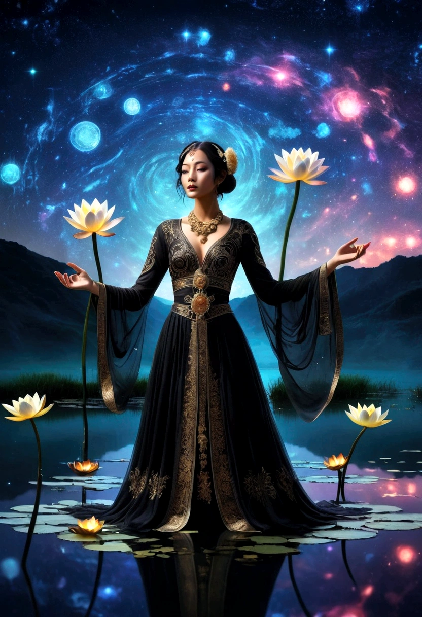 Astrologer，In the middle of the lake, Mysterious female black silhouette in the middle of the night, Surrounded by glowing constellations, Summoners dance to appease the spirits of the dead. Ceremonial canvas clothing. Sensual. Multiple magic arrays. Dynamic dance. Water Lily. Colorful palette.