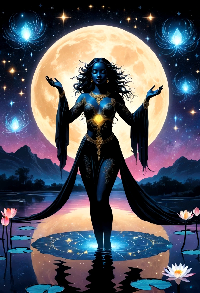 Astrologer,In the middle of the lake, Mysterious female black silhouette in the middle of the night, Surrounded by glowing constellations, Summoners dance to appease the spirits of the dead. Ceremonial canvas clothing. Sensual. Multiple magic arrays. Dynamic dance. Water Lily. Colorful palette.