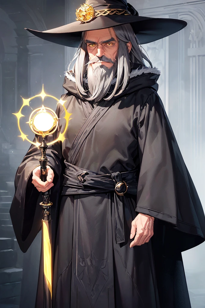 (masterpiece; best quality: 1.2), (finely detailed eyes: 1.3), ((70 year old man)), ((solo)), (yellow eyes: 1.4), (body; attractive, lean, mature: 1.3), (long gray hair + beard: 1.3), (beautiful and clear background: 1.2), ((depth of field)), (equipment: traveler mage dark robe + dark pointed hat + dark cloak: 1.3), (anime illustration: 1.2), (background composition; palace garden exterior: 1.1), (extremely fine and handsome: 1.1), (shot composition; standing + centered on torso + close-up: 1.5), (expression; calm, smile: 1.2)