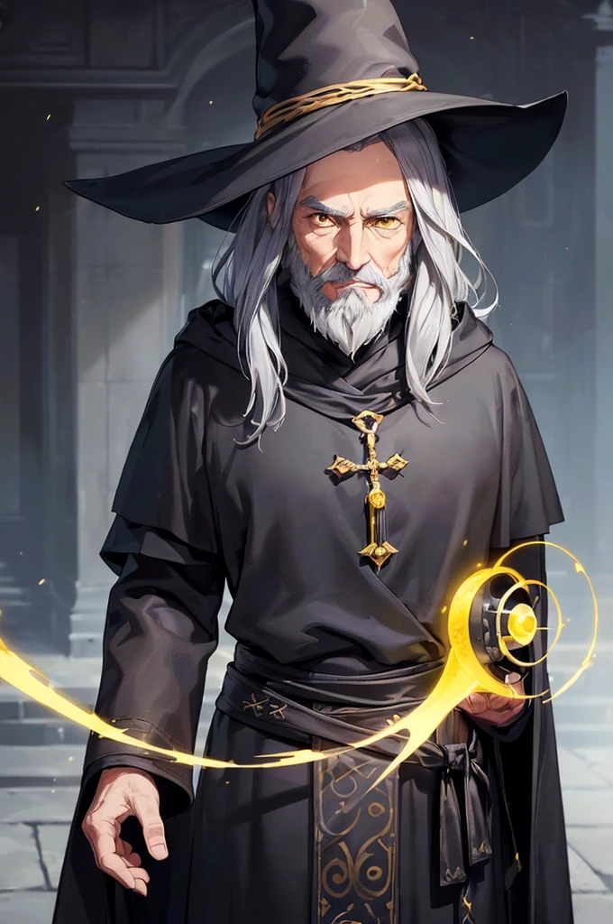 (masterpiece; best quality: 1.2), (finely detailed eyes: 1.3), ((70 year old man)), ((solo)), (yellow eyes: 1.4), (body; attractive, lean, mature: 1.3), (long gray hair + beard: 1.3), (beautiful and clear background: 1.2), ((depth of field)), (equipment: traveler mage dark robe + dark pointed hat + dark cloak: 1.3), (anime illustration: 1.2), (background composition; palace garden exterior: 1.1), (extremely fine and handsome: 1.1), (shot composition; standing + centered on torso + close-up: 1.5), (expression; calm, smile: 1.2)