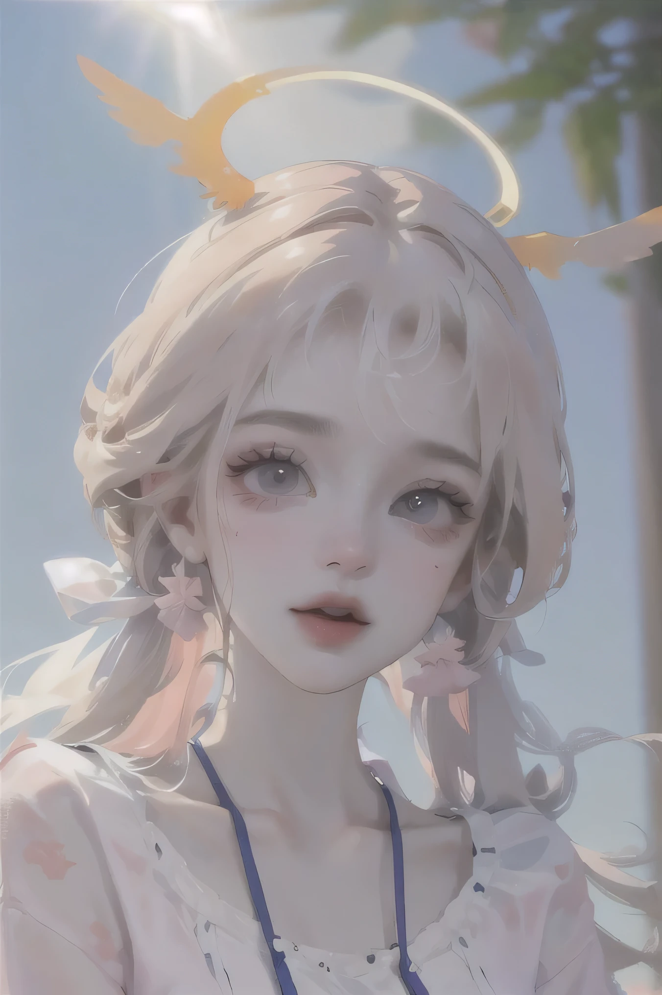 (high quality) (best quality) (a woman) (correct physiognomy) (perfect students) (perfect eyes) anime woman, deep pink long and fluffy hair, Two bunny ears of color blue coming out of his blue head adorned with small golden stars As if they were the color of your ears, lips sensitive, feminine appearance, soft facial features, thin eyebrows, soft skin, rosy cheeks, pink lips, silky eyelashes, dreamy expression, middle age, youthful clothing, print sweatshirt, photo illuminated by sunlight, Woman sitting on forest.
