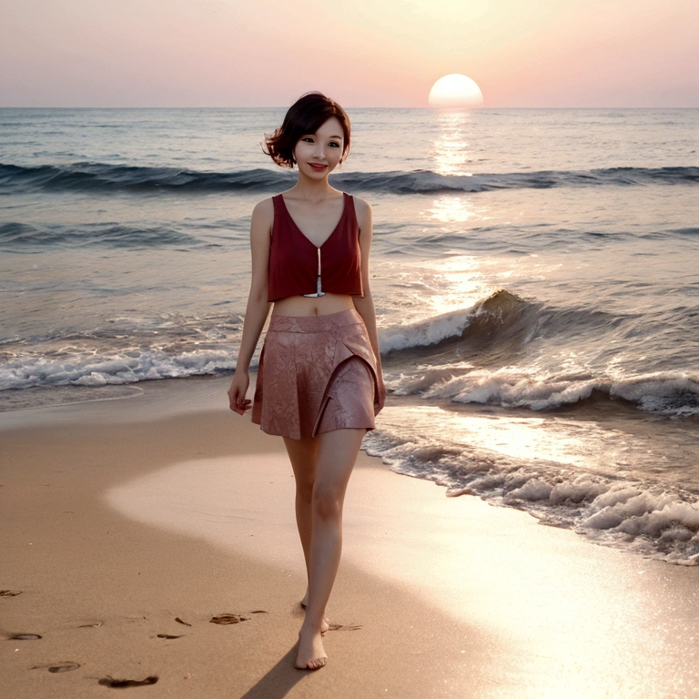 sunset red sun on the beach,A strong lingering scent is reflected in the sea., Beautiful 36-year-old short Korean woman, Chest size 34 inches, Wear sleeveless, light skirt. beautiful pretty woman look , wearing a light skirt , Go far into the sea water and dip your toes., Short medium hair blowing in the wind, 1 woman, beautiful eyes, a little smile, Full-body photo taken from afar with a wide-angle lens, The background is clean and perfect., the waves are coming, Vivid and clear scenery