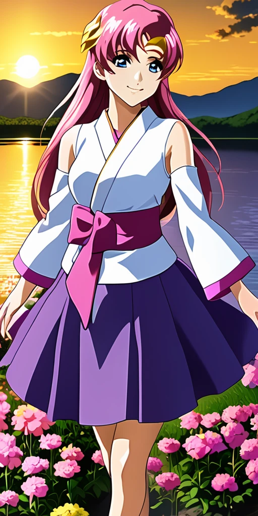 ((64k,Ultra-high resolution,Super best quality,masterpiece,Hyperrealistic,Young and adorable, beautiful, young, adorable,young woman,Full body photo,Full body angle,Whole Body Ezbian,)),GundamSEED,14 years old〜Lacus Clyne at age 20,Pink Hairの毛,Blue Eyes,Detailed eyes,Detailed skin,Detailed face,Shiny skin,Detailed Hair,White skin,Perfect lighting,Glossy Lips,京都animeーション, animeカラーリング ,Klein Lake,GundamSEED , Pink Hair, Straight hair,blue eyes , (((hair ornaments, White sleeves,豪華なWhite Dress, 豪華なPurple Skirt, 贅沢なLong skirt))),Very long hair, Bare shoulders, Star background,2002s 〜2024\(style\),anime, Lacus 1, One girl, alone, hair ornaments, White sleeves, blue eyes, White Dress, Purple Skirt, Long skirt, Very long hair, Bare shoulders, Large Breasts, smile, Gundam, On the floor,Water Lake,Swimsuit,Yukata,smile,Many beautiful flowers are blooming,In a dress