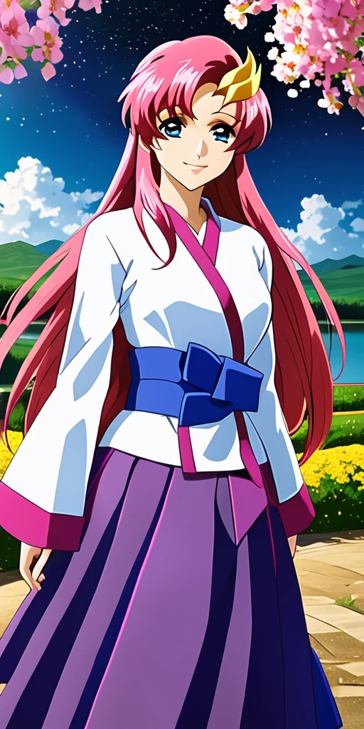 ((64k,Ultra-high resolution,Super best quality,masterpiece,Hyperrealistic,Young and adorable, beautiful, young, adorable,young woman,Full body photo,Full body angle,Whole Body Ezbian,)),GundamSEED,14 years old〜Lacus Clyne at age 20,Pink Hairの毛,Blue Eyes,Detailed eyes,Detailed skin,Detailed face,Shiny skin,Detailed Hair,White skin,Perfect lighting,Glossy Lips,京都animeーション, animeカラーリング ,Klein Lake,GundamSEED , Pink Hair, Straight hair,blue eyes , (((hair ornaments, White sleeves,豪華なWhite Dress, 豪華なPurple Skirt, 贅沢なLong skirt))),Very long hair, Bare shoulders, Star background,2002s 〜2024\(style\),anime, Lacus 1, One girl, alone, hair ornaments, White sleeves, blue eyes, White Dress, Purple Skirt, Long skirt, Very long hair, Bare shoulders, Large Breasts, smile, Gundam, On the floor,Water Lake,Swimsuit,Yukata,smile,Many beautiful flowers are blooming,In a dress