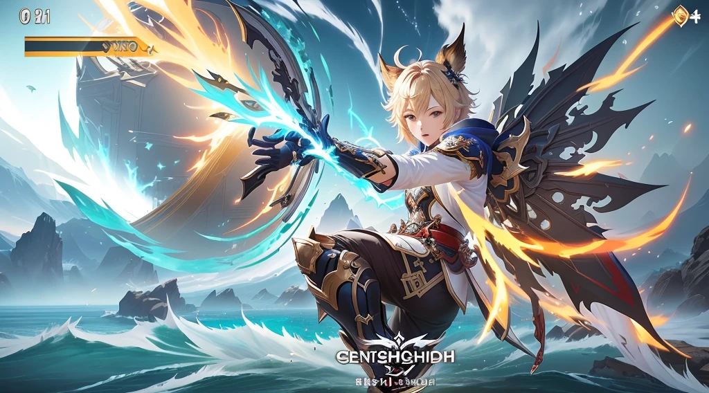 ,video game Genshin Impact impact, Genshin Impact, Video Game Screenshots>, Heroic epic battle scene, Koriolios RPG art style, Shadowverse Style, Genshin Impact impact, Genshin Impact impact character, Granblue Fantasy, Key Art, Screenshot of the game with UI, Genshin Impact impact style