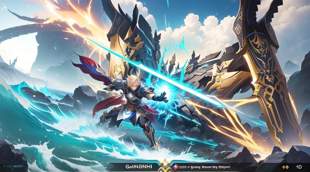 ,video game Genshin Impact impact, Genshin Impact, Video Game Screenshots>, Heroic epic battle scene, Koriolios RPG art style, Shadowverse Style, Genshin Impact impact, Genshin Impact impact character, Granblue Fantasy, Key Art, Screenshot of the game with UI, Genshin Impact impact style