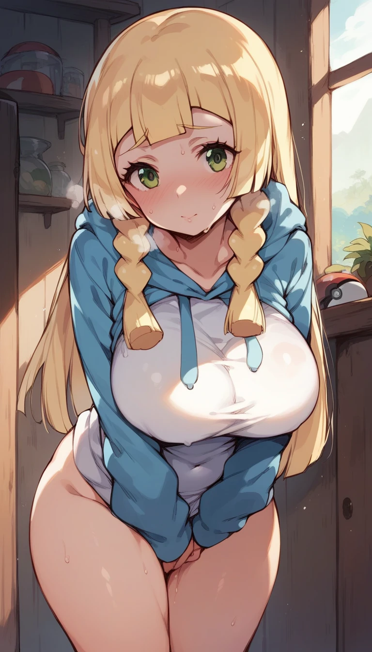 nsfw,,1 person,Sweat,White Breath,solo,Pokémon,Lillie,Groin bulge,((Valley visible)),Leaning forward,room,(((Big Breasts))),hoodie,