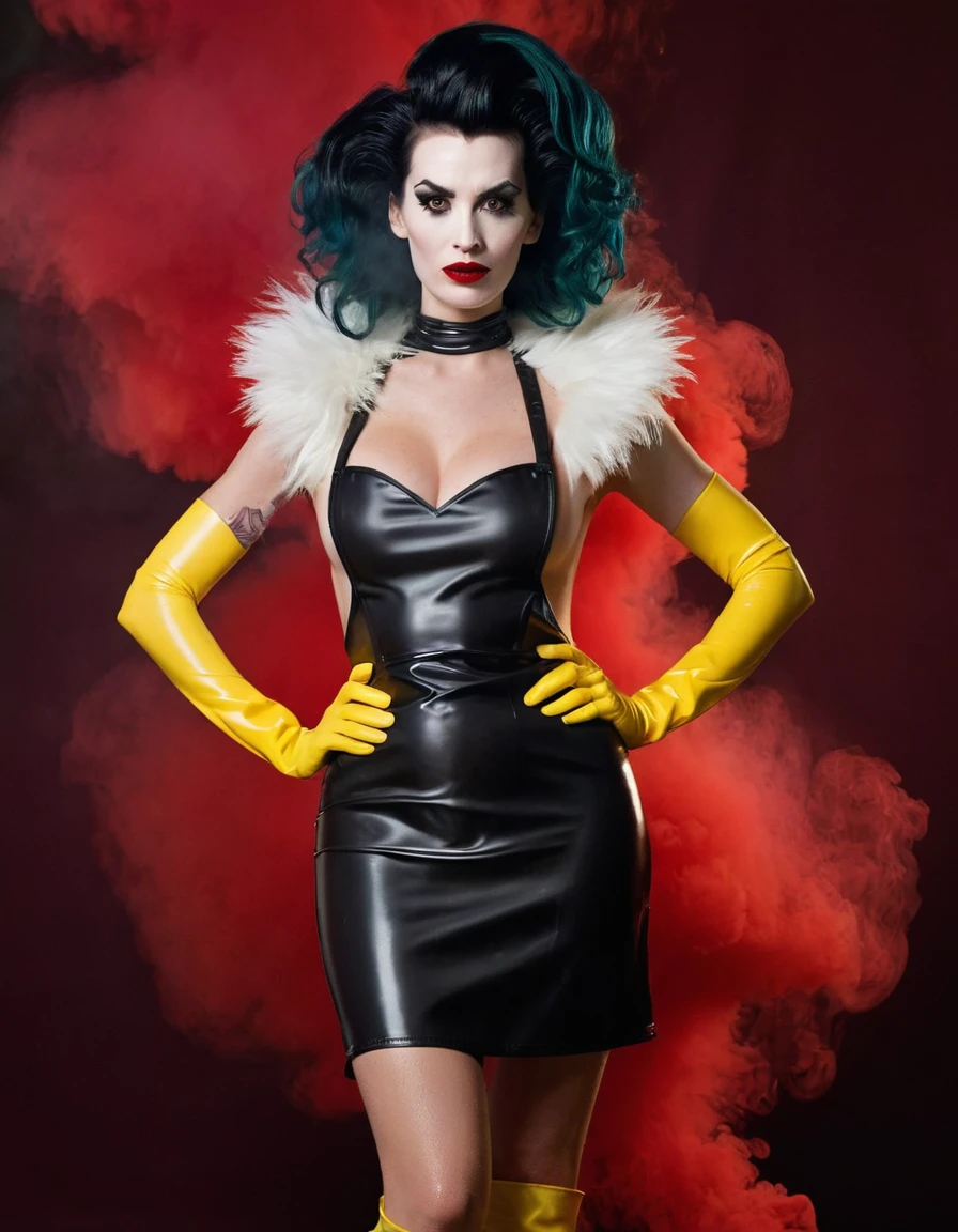 Cruella. A very magnificent hairstyle. A naked model in a long latex butcher's apron. Hands in yellow gloves on hips. An elegant pose. Red, thick smoke in the background.