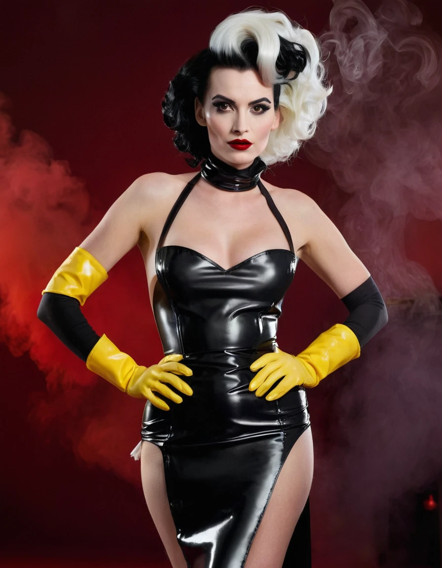 Cruella. A very magnificent hairstyle. A naked model in a long latex butcher's apron. Hands in yellow gloves on hips. An elegant pose. Red, thick smoke in the background.