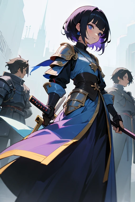 triplet has with vivid blue dress on black hair blue highlights hair is above shoulder height another triplet has a white dress short black hair other triplet has purple dress short black purple hair,, battle armor golden armor, little clothing,Anime girls, carrying katana, anime, short black hair with neon blue highlights, hair is above shoulder height, smooth beautiful, 4k, anime art, pendant on hair, cross t necklace,