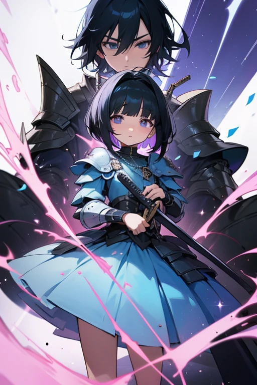 triplet has with vivid blue dress on black hair blue highlights hair is above shoulder height another triplet has a white dress short black hair other triplet has purple dress short black purple hair,, battle armor golden armor, little clothing,Anime girls, carrying katana, anime, short black hair with neon blue highlights, hair is above shoulder height, smooth beautiful, 4k, anime art, pendant on hair, cross t necklace,