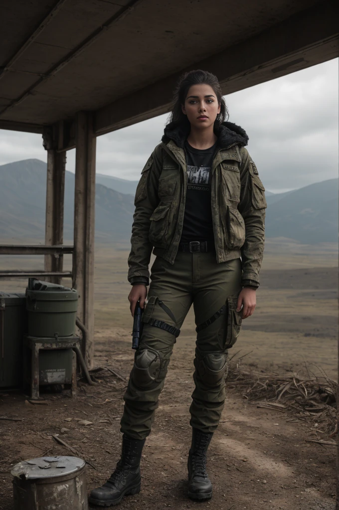 Large works, A stunning 18-year-old woman in the wilderness of Doom, Military Pants, Bad Guy, ((Normal hand)), Post-apocalyptic style, ((Cinematic)), dramatic, Realistic photos, Nikon, Natural light, 4K, Ultra HD, New XF IQ4, 150MP, 50 mm, ISO 1000 Certification, Adobe Lightroom, Photography Lab, Photography Affinity,