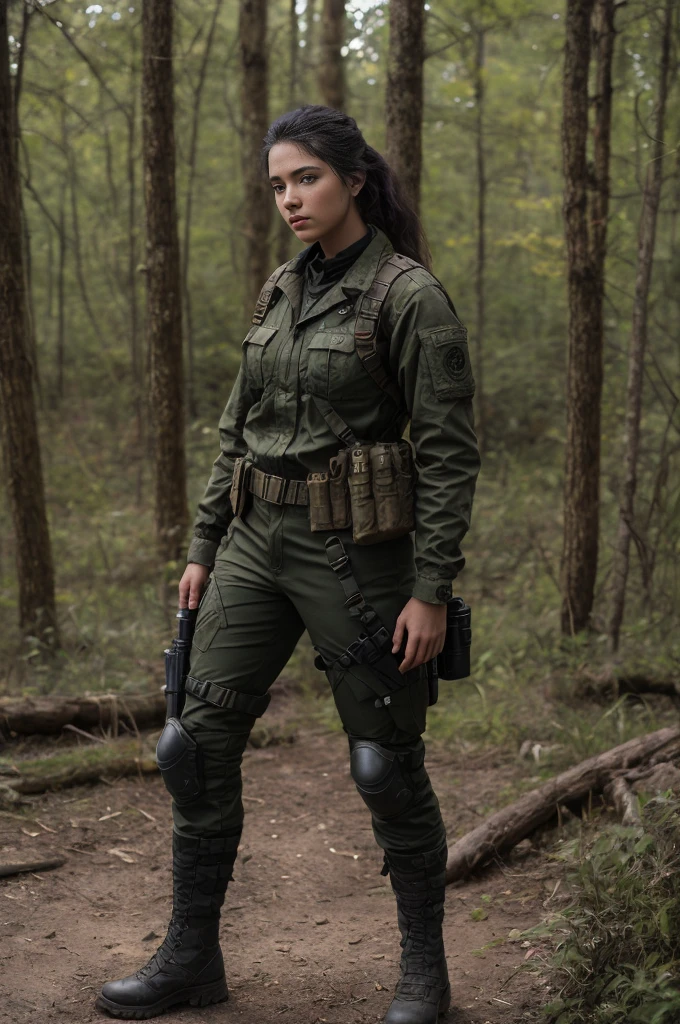 Large works, A stunning 18-year-old woman in the wilderness of Doom, Military Pants, Bad Guy, ((Normal hand)), Post-apocalyptic style, ((Cinematic)), dramatic, Realistic photos, Nikon, Natural light, 4K, Ultra HD, New XF IQ4, 150MP, 50 mm, ISO 1000 Certification, Adobe Lightroom, Photography Lab, Photography Affinity,