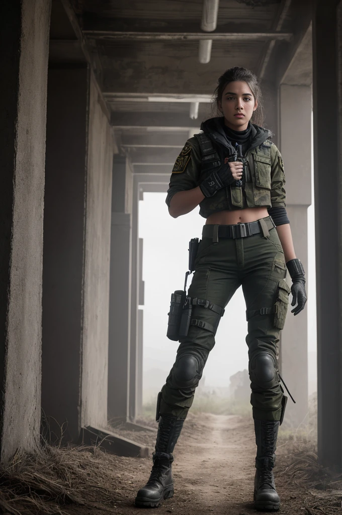 Large works, A stunning 18-year-old woman in the wilderness of Doom, Military Pants, Bad Guy, ((Normal hand)), Post-apocalyptic style, ((Cinematic)), dramatic, Realistic photos, Nikon, Natural light, 4K, Ultra HD, New XF IQ4, 150MP, 50 mm, ISO 1000 Certification, Adobe Lightroom, Photography Lab, Photography Affinity,