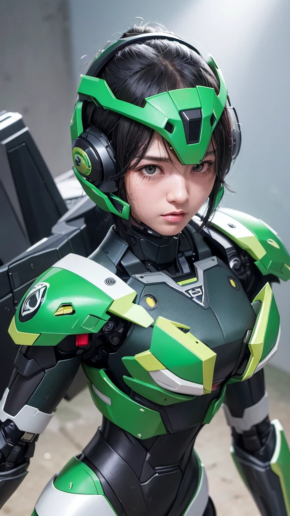 最high quality非常に詳細, Advanced Details, high quality, 最high quality, High resolution, 1080P, hard disk, beautiful,(War Machine),(Snug-fitting headgear),See the big picture,beautifulサイボーグ女性,Dark Green Mecha Cyborg Girl,Battle Mode,Mecha Body Girl 8k dark green body armor ((Japanese middle-aged women)) Sweaty face Sweaty hair Brown eyes Droopy eyes short hair boyish Steam coming out of my head My hair is wet with sweat Black Hair, Steam coming out of the mouth Power Down (I'm exhausted) The skin under the face is not exposed (bow your head) asphyxia (Painful expression) Full body portrait