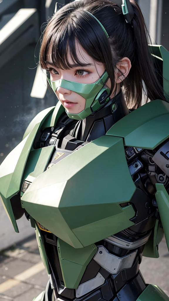 最high quality非常に詳細, Advanced Details, high quality, 最high quality, High resolution, 1080P, hard disk, beautiful,(War Machine),(Snug-fitting headgear),See the big picture,beautifulサイボーグ女性,Dark Green Mecha Cyborg Girl,Battle Mode,Mecha Body Girl　8k dark green body armor　((Japanese middle-aged women))　Sweaty face　Sweaty hair　Brown eyes　Droopy eyes　short hair　　boyish　Steam coming out of my head　My hair is wet with sweat　Black Hair, Steam coming out of the mouth　Power Down　(I&#39;m exhausted)　The skin under the face is not exposed　　(bow your head)　asphyxia　(Painful expression) Full body portrait