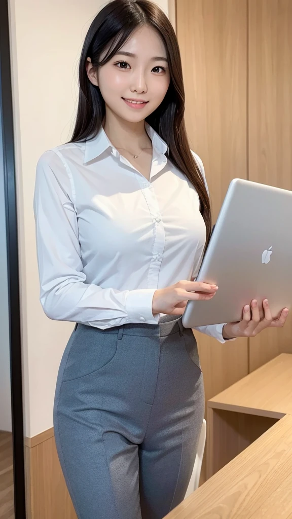Professional photography, Soft lighting, 1. Young Japanese female entrepreneurs, Modern Office, Smart casual attire, A confident smile, Is giving a presentation, Holding a tablet, Sharp focus, A vibrant workplace, Professional atmosphere, Bright and positive expression