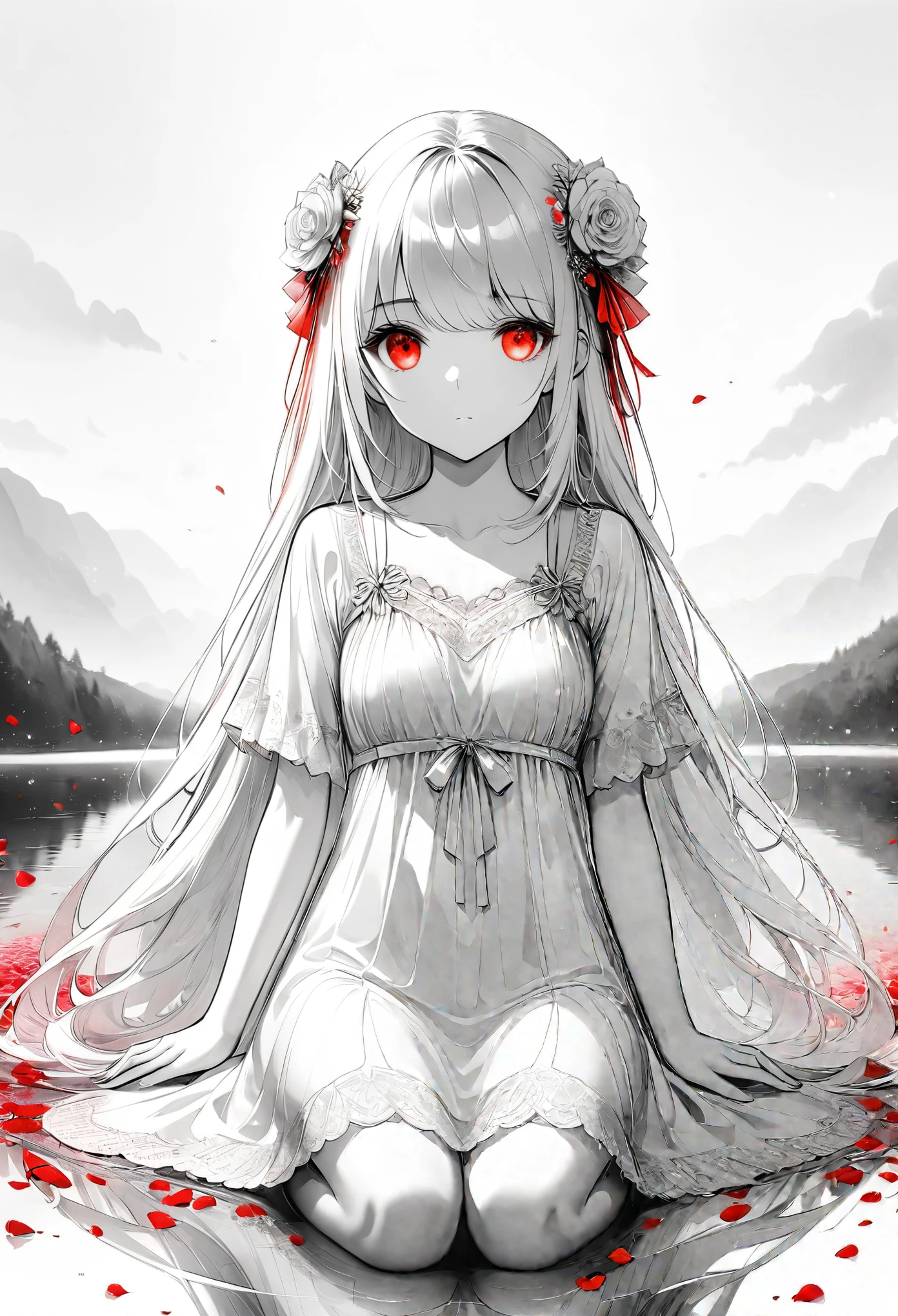 illustration,ultra detailed,hdr,Depth of field,(colorful),1girl,red eyes,white long translucent night gown,expressionless,(white hair),hair cover one eye,long hair,red hair flower,kneeling on lake,blood,(plenty of red petals:1.35),(white background:1.5),(English text),greyscale,monochrome,greyscale,monochrome,sketch