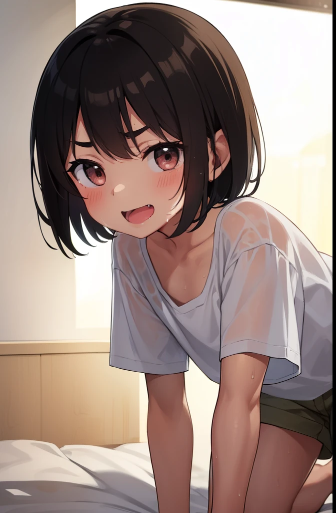 On all fours on the bed,1. small ,short hair,Black Hair,blush,White T-shirt,Olive green shorts,Brown Sandals,White skin,From below,shy,night,Sweaty,Wet,Cowboy Shot,night中,dark,Ahegao,Looks happy,Feels good,pleasure,Sigh,Eyes are hearts,Open your mouth wide,saliva,smile,Add eyebrows,