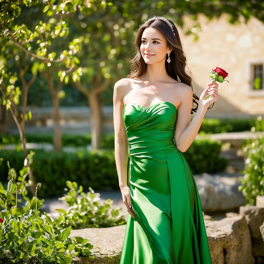 Create an image of a woman wearing a green dress, participating as the Bachelorette. She is holding a red rose in her hand. The setting should be elegant and romantic, with a backdrop that suggests a formal event or a beautiful outdoor location. The woman should have a confident and graceful pose, exuding charm and sophistication.