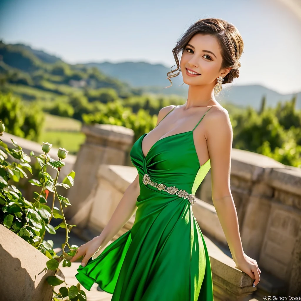Create an image of a woman wearing a green dress, participating as the Bachelorette. She is holding a red rose in her hand. The setting should be elegant and romantic, with a backdrop that suggests a formal event or a beautiful outdoor location. The woman should have a confident and graceful pose, exuding charm and sophistication.
