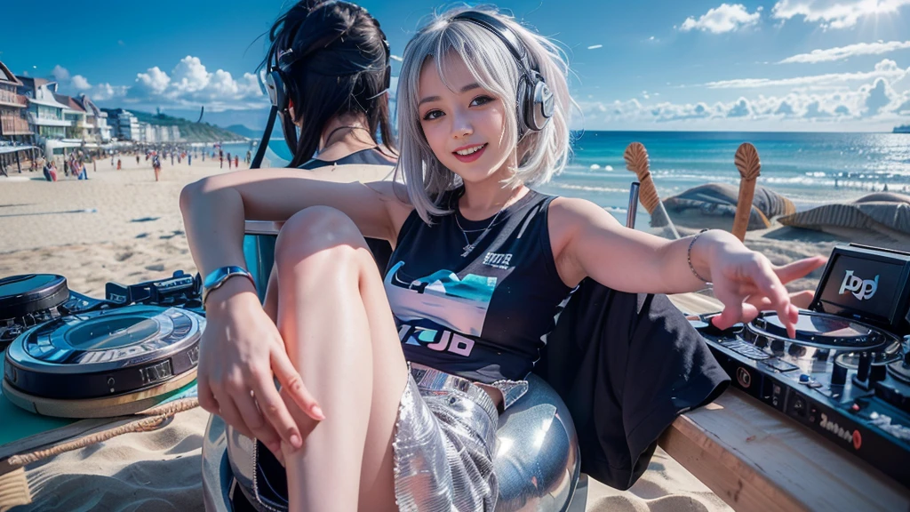 (ultra - detailed, 16K resolution, Cinema lenses, rendering by octane), (high resolution:1.18), intricate detail, (masterpiece:1.1), (highest quality:1.1), (1girl, portrait, white hair, blue eyes, short hair, detailed eyes),Wearing silver DJ headphones, Shiny silver sequined T-shirt, (in the beach:1.5), (Iconic hip-hop pop costumes:1.3), Smile while DJing on stage, DJ studio next to the beach, ((A stylish DJ stage on a hill overlooking the beach)), full body shot, Photorealistic photography by Sunshine, (cute round face:1.3), perfect fingers, five fingers, beautiful hands, perfect hands. master peace, cute smile.