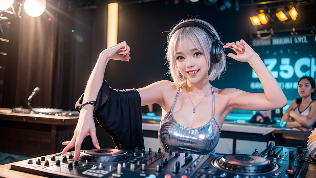 (ultra - detailed, 16K resolution, Cinema lenses, rendering by octane), (high resolution:1.18), intricate detail, (masterpiece:1.1), (highest quality:1.1), (1girl, portrait, white hair, blue eyes, short hair, detailed eyes),Wearing silver DJ headphones, Shiny silver sequined T-shirt, (in the beach:1.5), (Iconic hip-hop pop costumes:1.3), Smile while DJing on stage, DJ studio next to the beach, ((A stylish DJ stage on a hill overlooking the beach)), full body shot, Photorealistic photography by Sunshine, (cute round face:1.3), perfect fingers, five fingers, beautiful hands, perfect hands. master peace, cute smile.