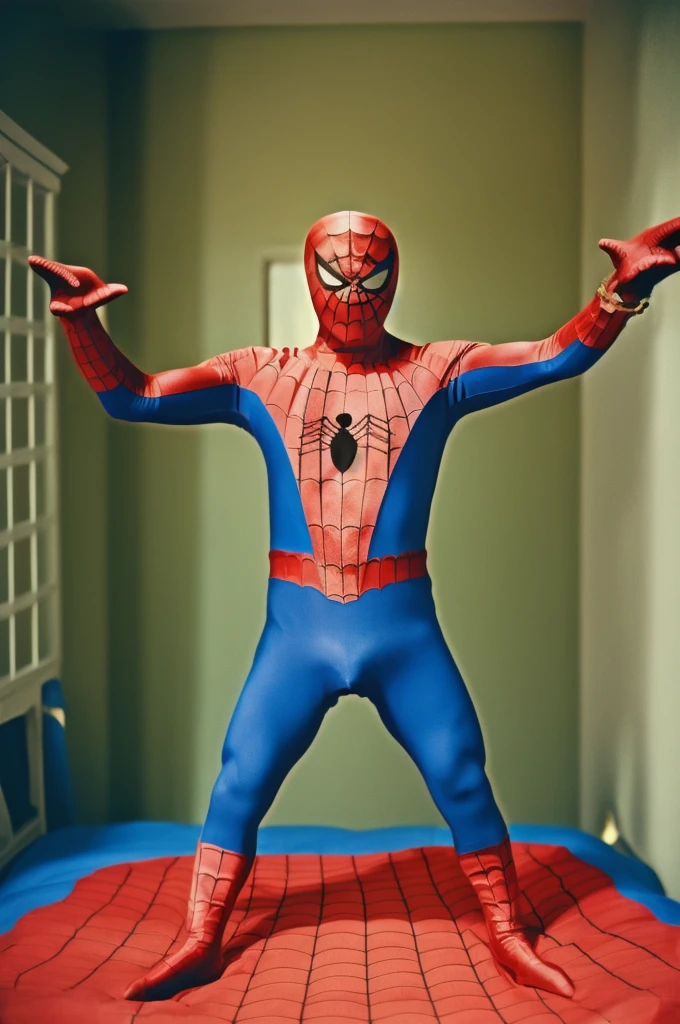 spiderman, bedroom, showing his bulge, chubby fat body build, (masterpiece:1.0), best quality:1.4, detailed unity 8k wallpaper, photography, highres, absurdres:1.2, kodak portra 400, colorful, (vibrant color:1.2), highly detailed background, realism,