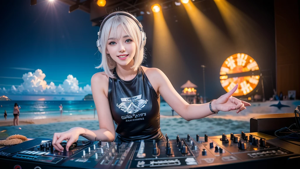 (ultra - detailed, 16K resolution, Cinema lenses, rendering by octane), (high resolution:1.18), intricate detail, (masterpiece:1.1), (highest quality:1.1), (1girl, portrait, white hair, blue eyes, short hair, detailed eyes),Wearing silver DJ headphones, Shiny silver sequined T-shirt, (in the beach:1.5), (Iconic hip-hop pop costumes:1.3), Smile while DJing on stage, DJ studio next to the beach, ((A stylish DJ stage on a hill overlooking the beach)), full body shot, Photorealistic photography by Sunshine, (cute round face:1.3), perfect fingers, five fingers, beautiful hands, perfect hands. master peace, cute smile.