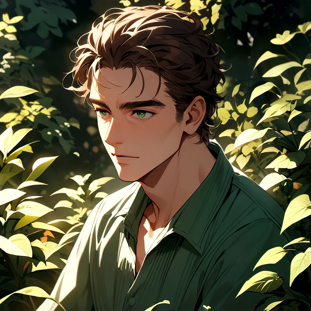 adult male gardener - brown hair - dark green eyes - in a garden