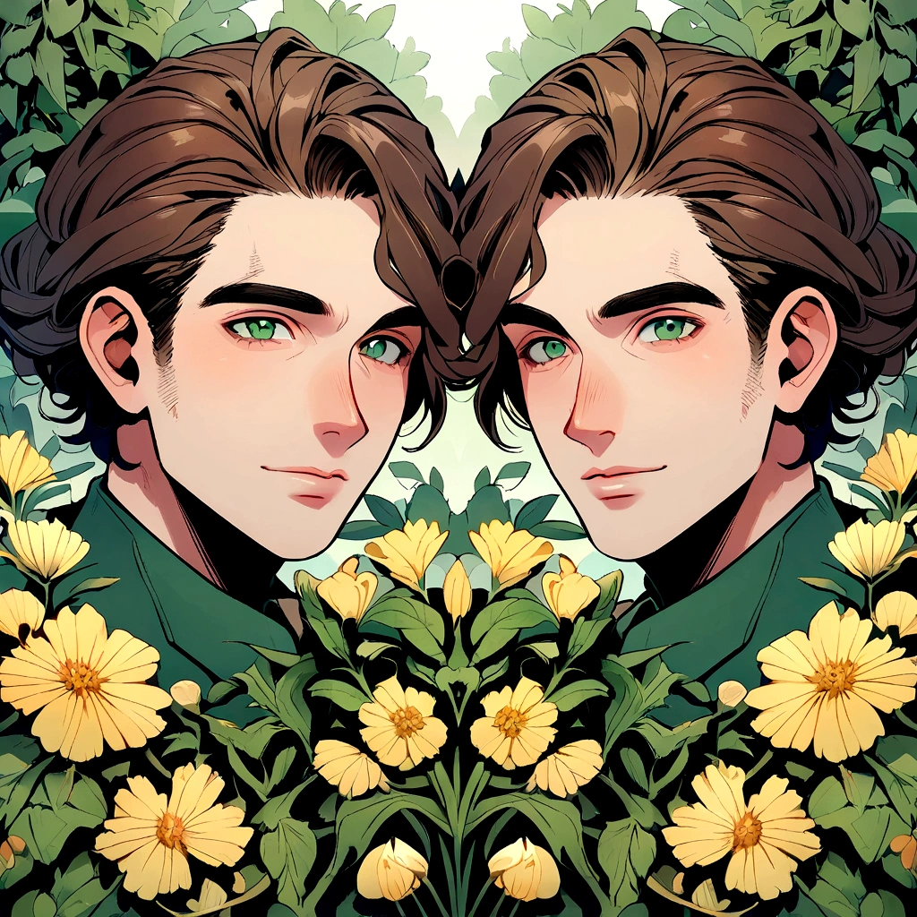 adult male gardener - brown hair - dark green eyes - in a garden