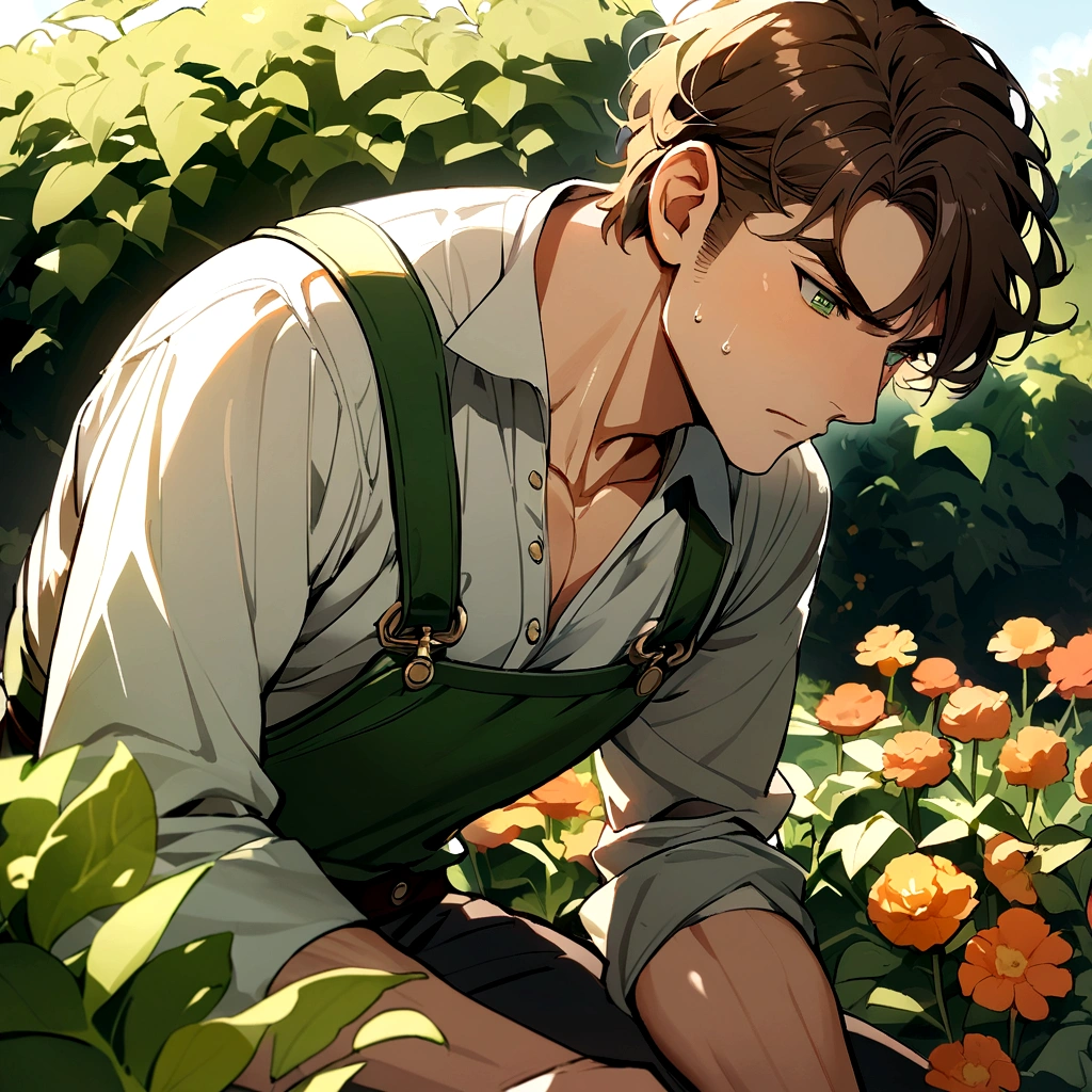 adult male gardener - brown hair - dark green eyes - in a garden